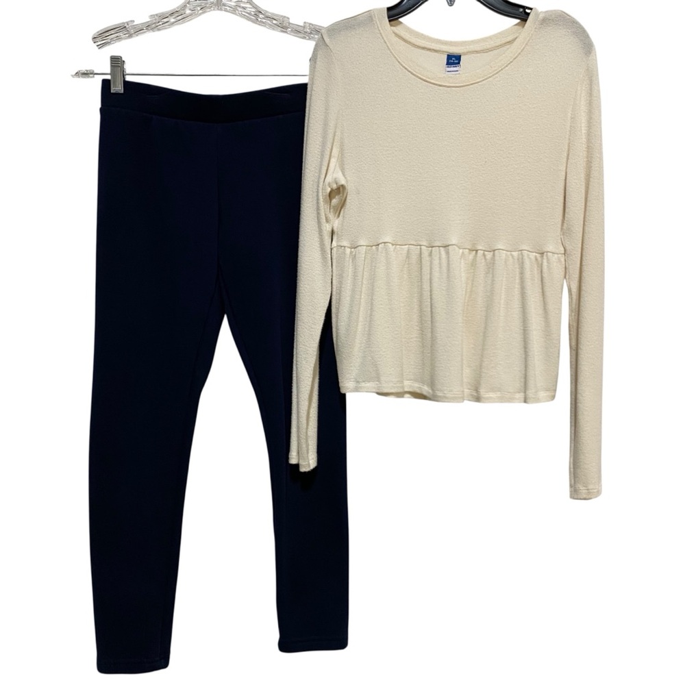 Old Navy Cream Peplum Top & Navy Blue Leggings Kids Matching Set Size XL